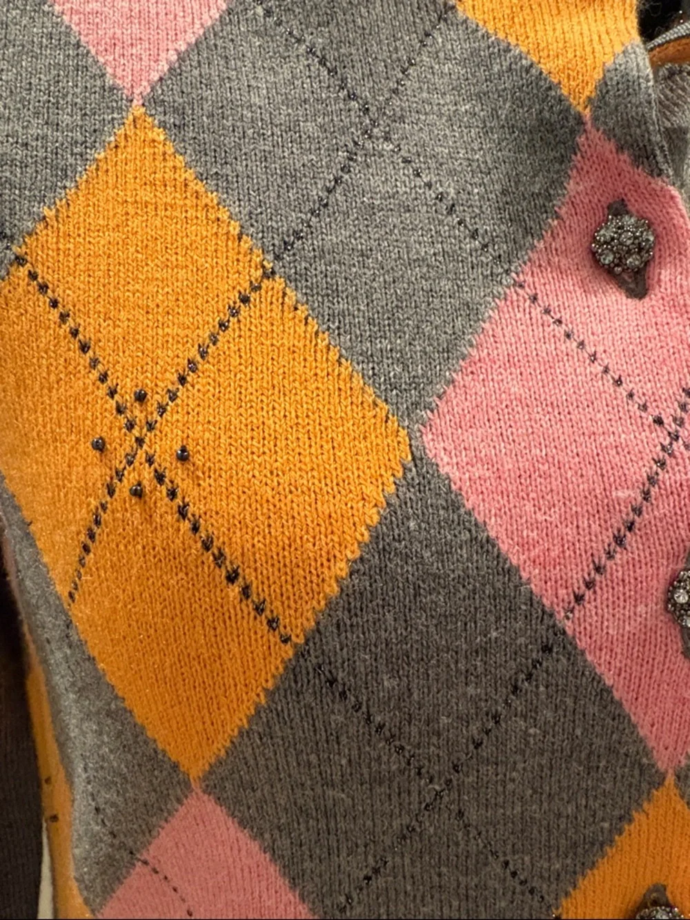 New York & Company Argyle Cardigan in Gray, Pink, and Orange - Picture 4 of 5